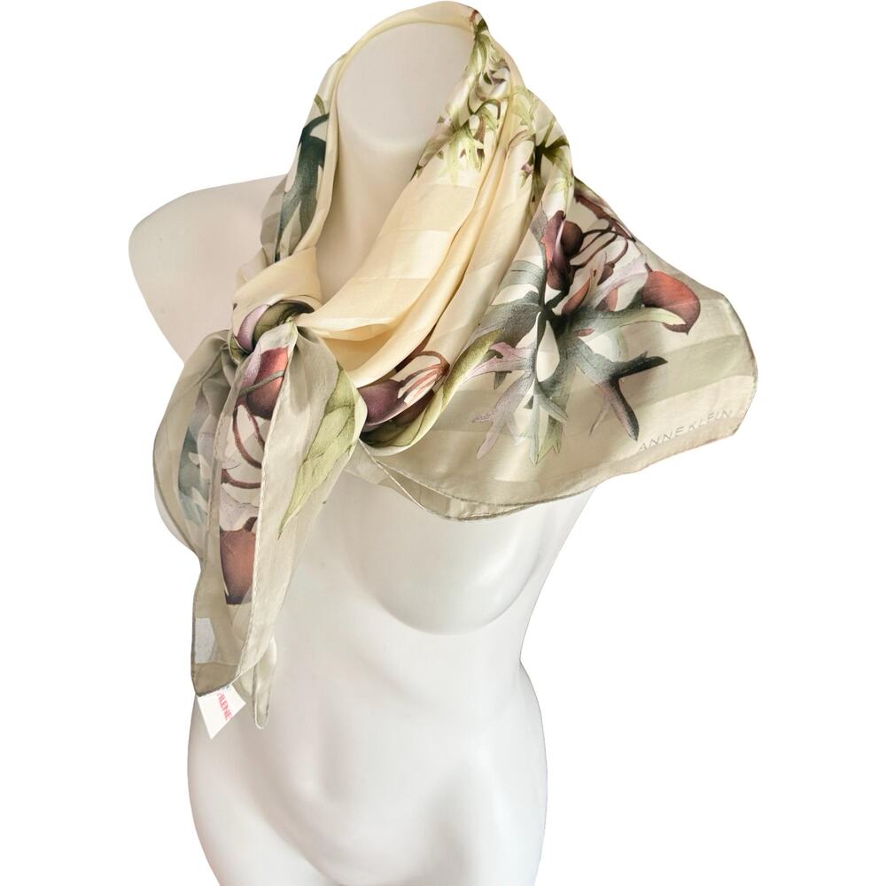 Vintage Anne Klein 1990s Silk Ivory Striped Pomegranate Scarf NWT 34x34 - Picture 7 of 11